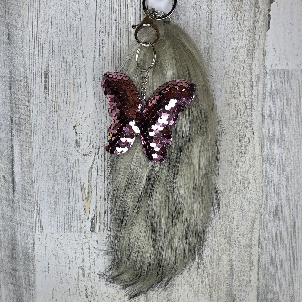 Sequin Butterfly Keychain with Faux Wolf Tail Bag Charm Purse